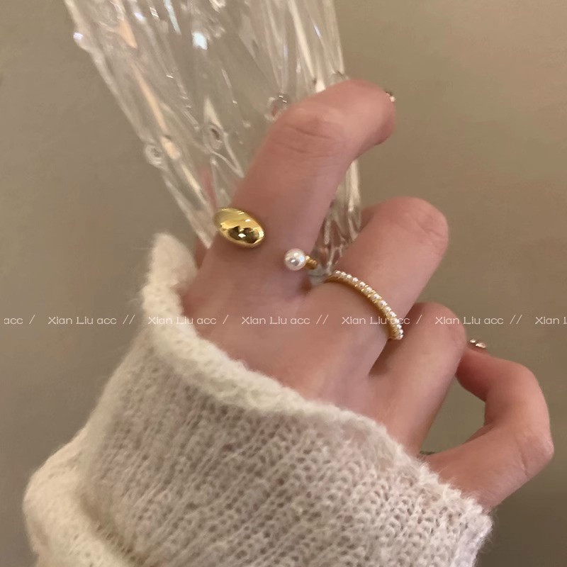 Cincin Geometris Mutiara Bahan Alloy Korea Untuk Wanita