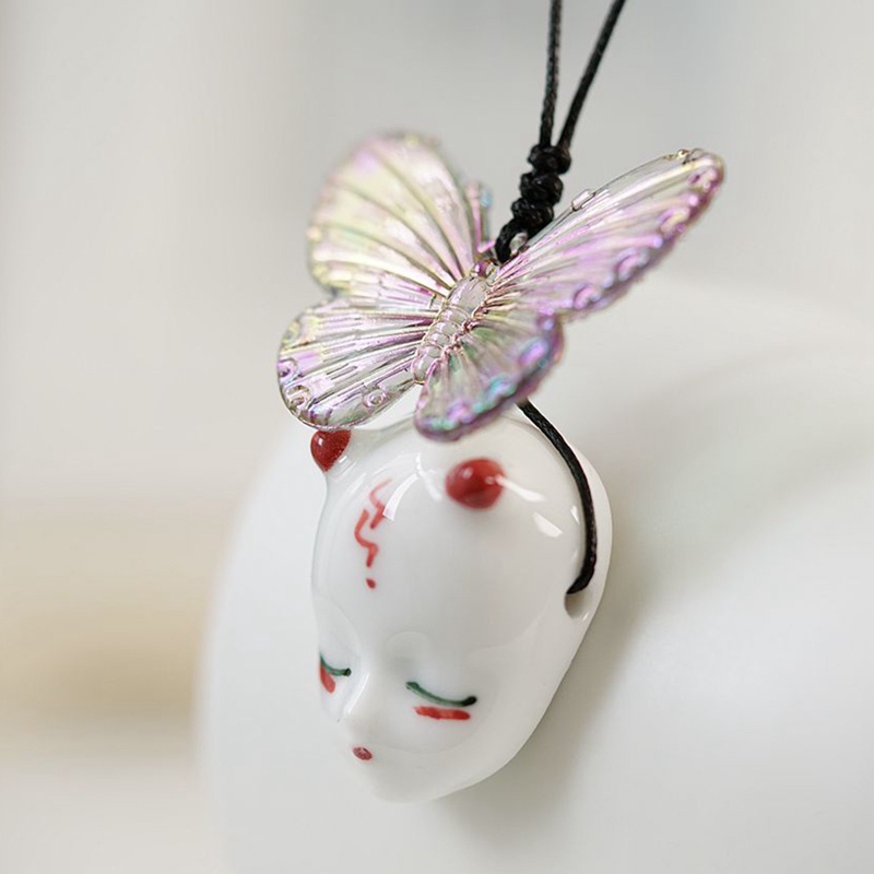 Ins Butterfly Ceramic Face Pendant Vintage Kalung Choker Untuk Wanita Perhiasan Aksesoris Hadiah