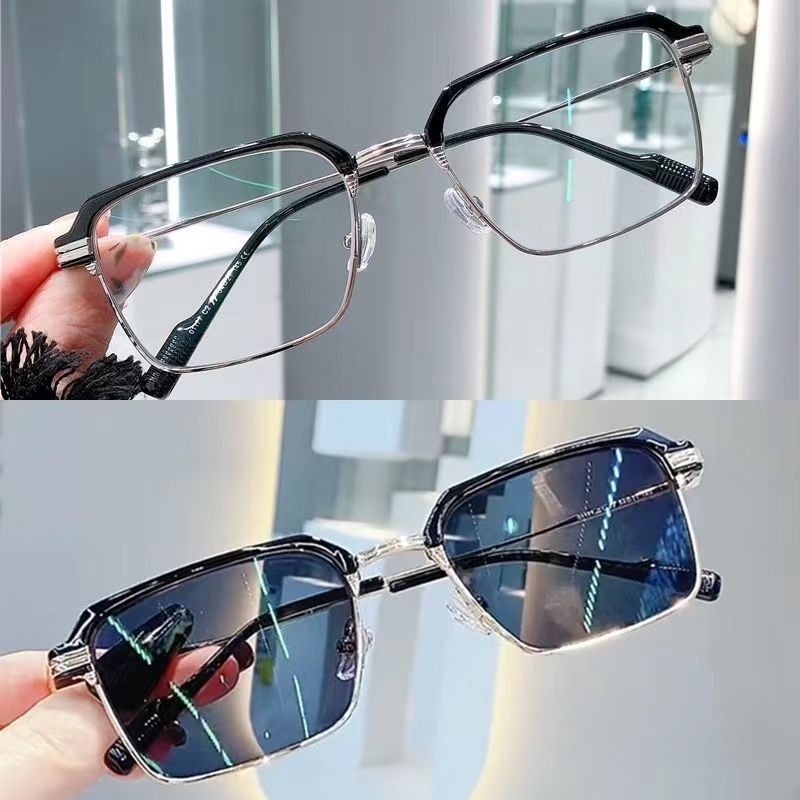 Kacamata Photochromic Kacamata Anti Radiasi Metal Blue Light Blocking Retro Lensa Datar Perempuan/Pria Bingkai Polos