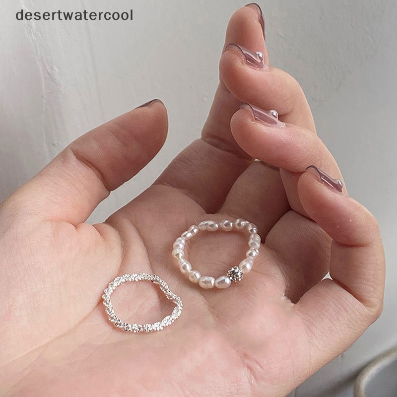 Deid 2Pcs Korea Mutiara Imitasi Cincin Set Untuk Wanita Manik-Manik Putih Knuckle Ring Perak Berlapis Berkilau Cincin Aesthetic Kpop Perhiasan Martijn