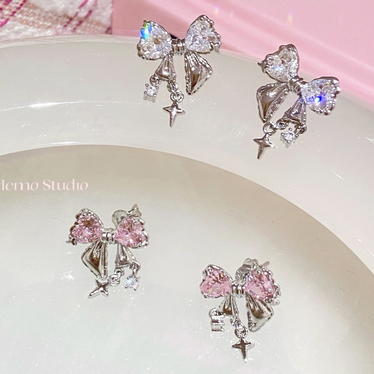 Ay(cn) Anting Zirkon Busur Hati Elegan Untuk Wanita Kristal Perak Stud Earring Perhiasan Aksesoris