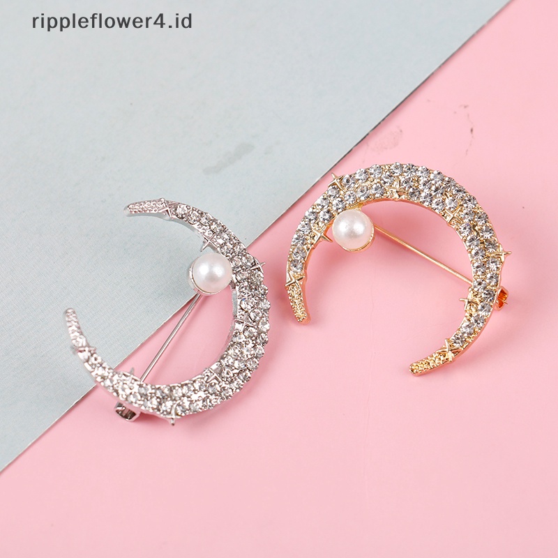 {rippleflower4.id} Mutiara Berlian Imitasi Bulan Bros Wanita Pernikahan Kantor Bros Pin Hadiah Aksesoris~