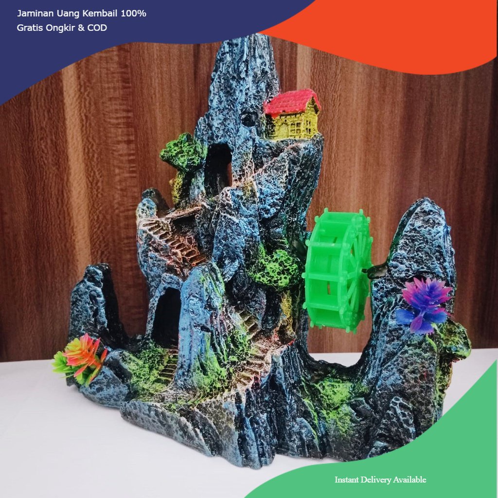 hiasan aquarium fiber tebing kincir, hiasan aquarium tebing kincir, dekorasi aquarium tebing kincir,