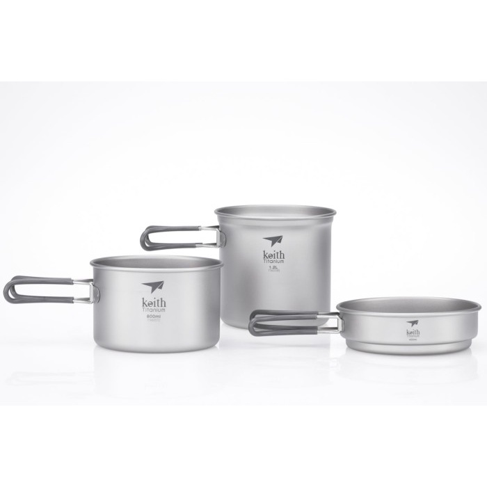 Keith Ti6014 3-Piece Titanium Pot and Pan Cook Set Alat Masak Camping