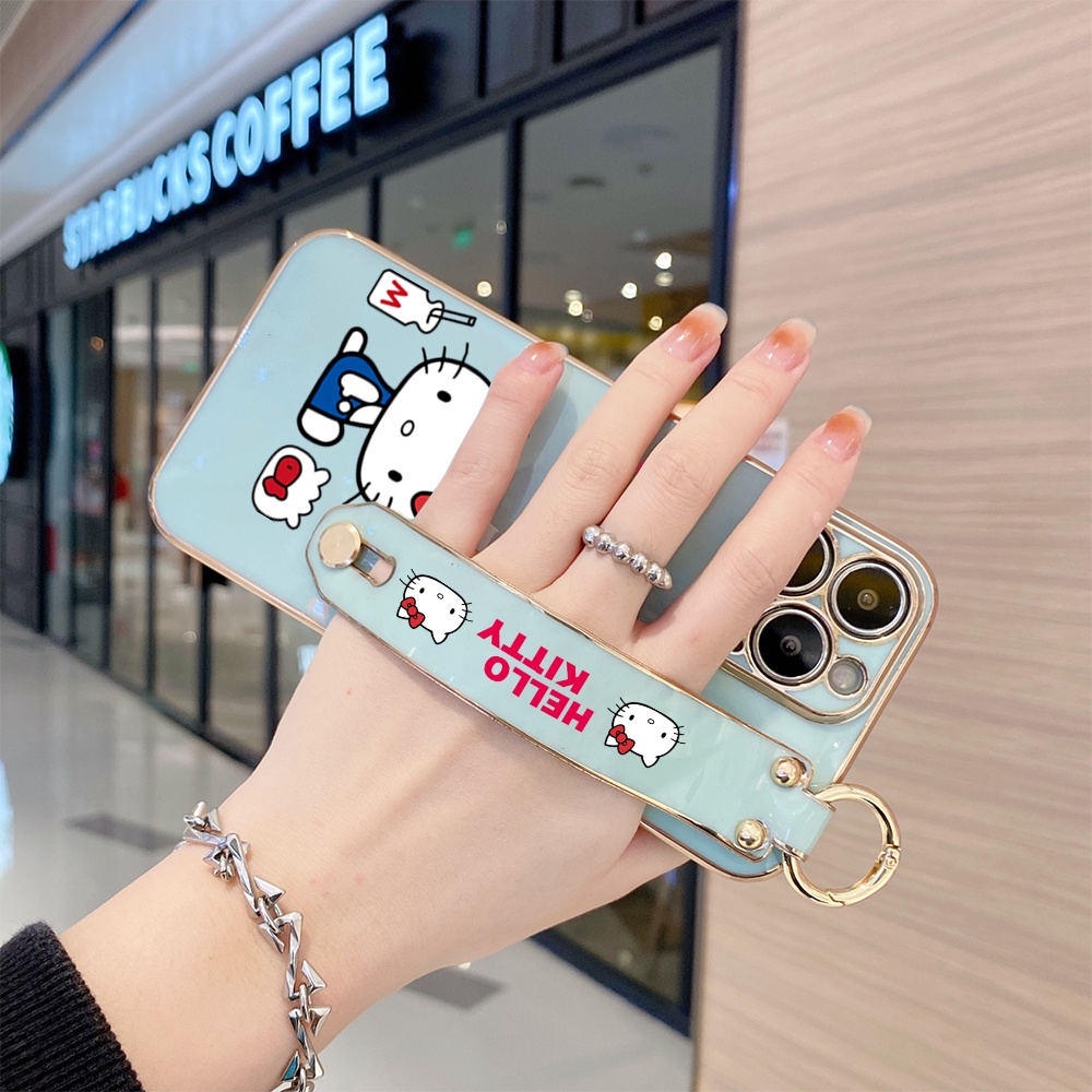 Casing Realme C53 C55 C33 C30 C35 C21Y C25Y C31 Realme10 5i 6i C11 2021 C15 C12 C25 C20 C2 Narzo 50A Kartun Kitty Cat Mewah Plating Soft Case Karet Dengan Holder Gelang Tangan RIXUAN