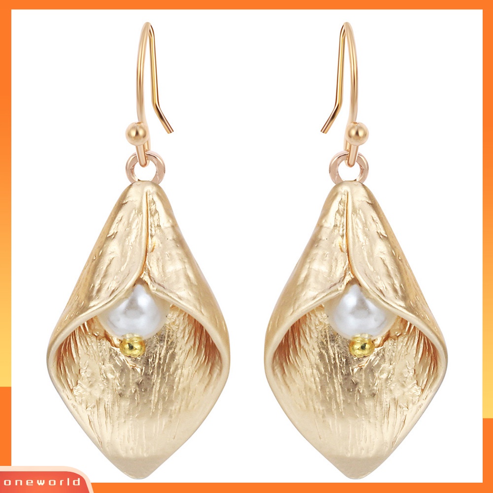 [WOD] Wanita Calla Lily Bunga Mutiara Imitasi Drop Gantung Hook Menjuntai Anting Perhiasan