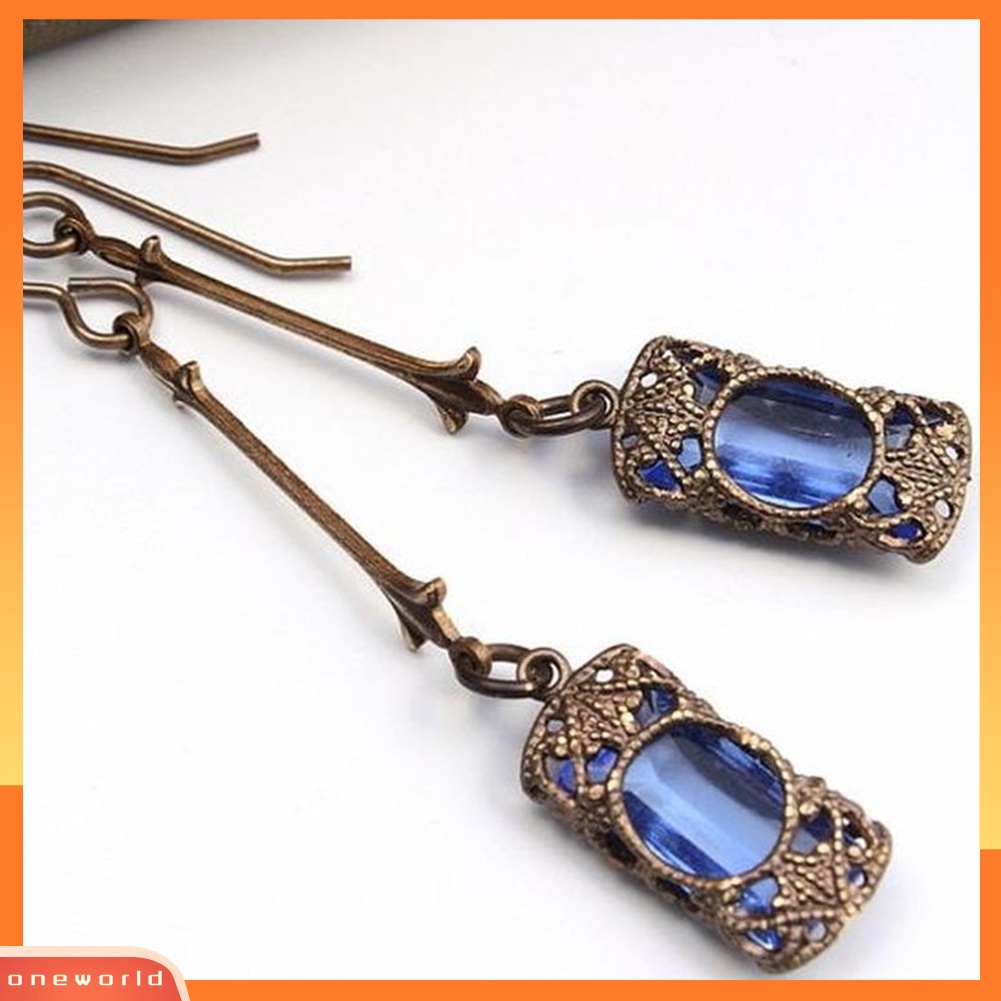 [WOD] Vintage Wanita Faux Gemstone Ukir Liontin Menjuntai Drop Hook Anting Perhiasan