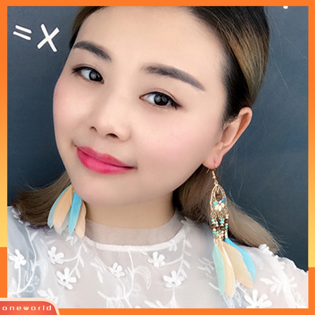[WOD] Boho Wanita Berongga Manik-Manik Oval Warna-Warni Bulu Rumbai Drop Statement Earrings