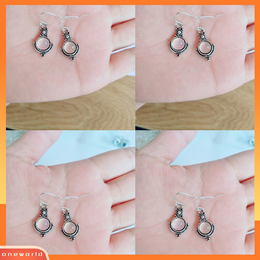 [WOD] Vintage Wanita Faux Moonstone Hollow Bulat Menjuntai Kait Anting Perhiasan Hadiah