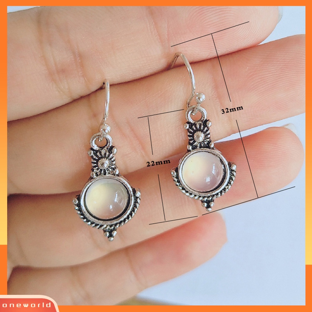 [WOD] Vintage Wanita Faux Moonstone Hollow Bulat Menjuntai Kait Anting Perhiasan Hadiah