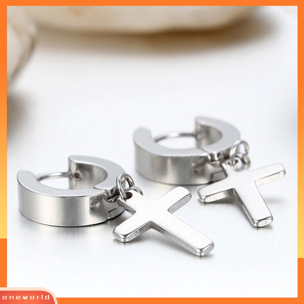 [WOD] 1pasang Ear Dangle Cross Pendant Anting Hoop Berengsel Huggie Stainless Steel Ramah Lingkungan Untuk Pria