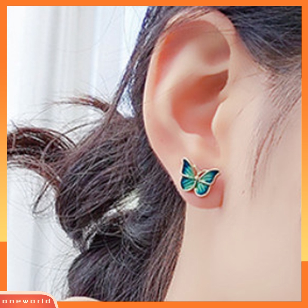 [WOD] 1pasang Anting Tusuk Bentuk Kupu-Kupu Hijau Perhiasan Lapis Gaya Korea Tetesan Minyak Ear Studs Untuk Pakaian Sehari-Hari