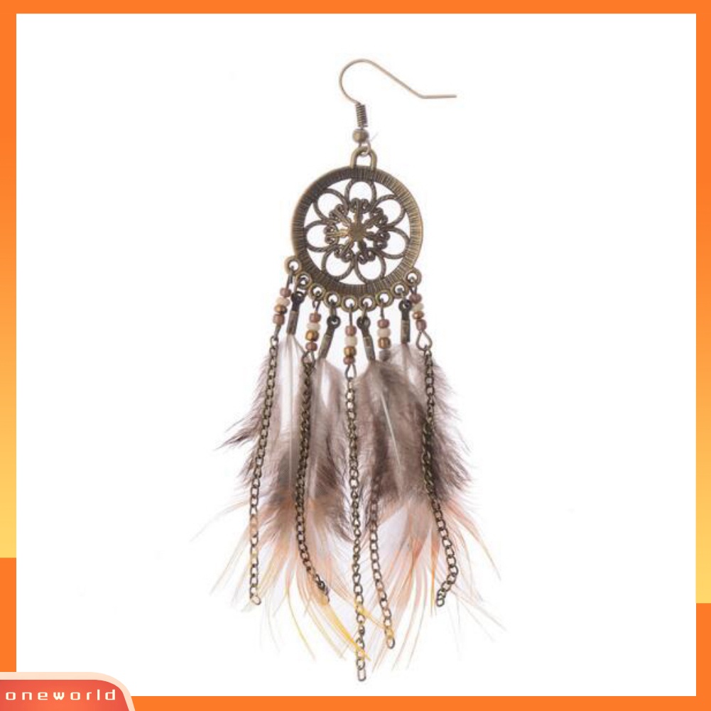 [WOD] Fashion Wanita Dream Catcher Bulu Panjang Menjuntai Kait Anting Rumbai Hadiah