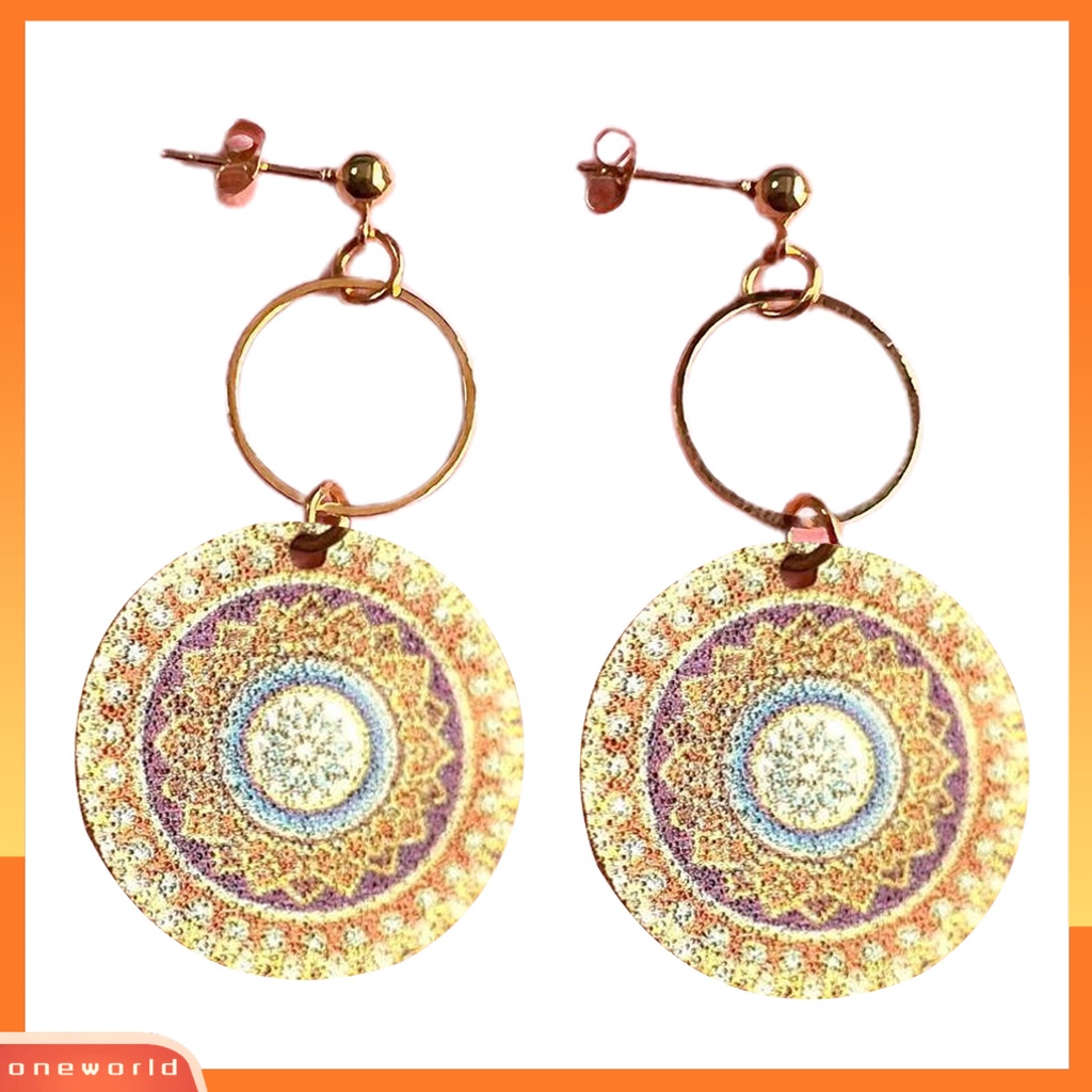 [WOD] 1pasang Anting Wanita Geometris Pola Vintage Perhiasan Electroplating Round Drop Earrings Hadiah Ulang Tahun