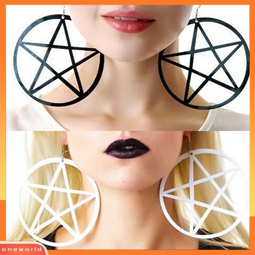 [WOD] Punk Vintage Besar Berongga Pentacle Bulat Menjuntai Statement Earrings Ear Studs