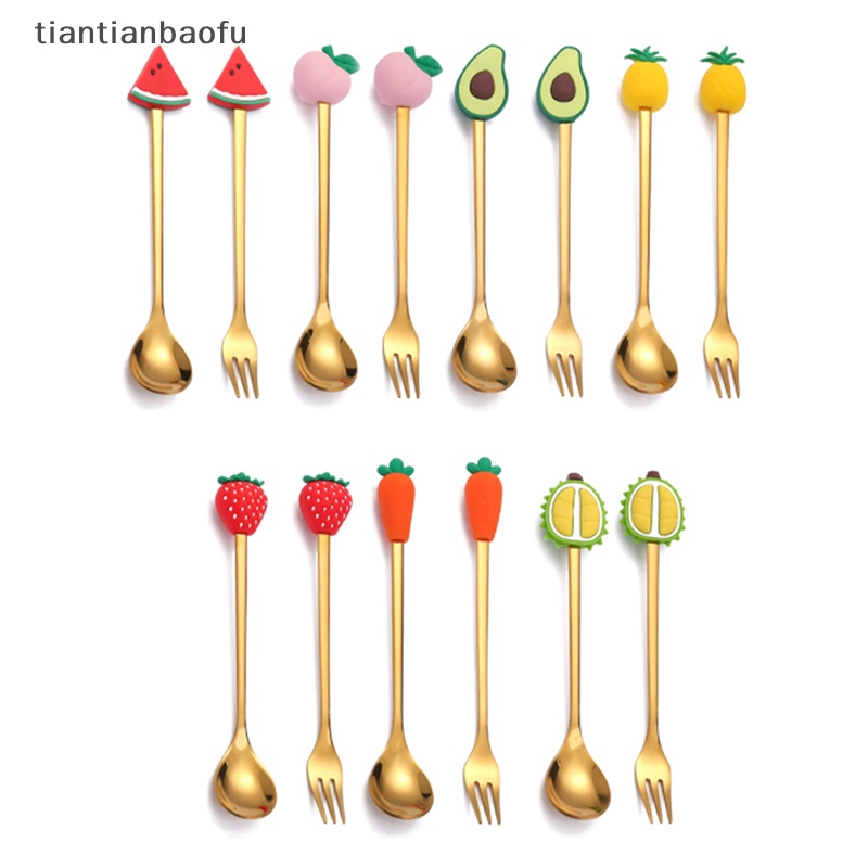 [tiantianbaofu] Stainless Steel Sendok Garpu Kartun Buah Macaron Dessert Spoons Fruit Forks Anak Set Aksesoris Dapur Butik