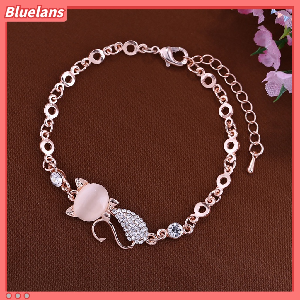 [BLS] Wanita Ladies Lovely Cat Pendant Opal Berlian Imitasi Bangle Gelang Rantai Perhiasan Untuk Kehidupan Sehari-Hari