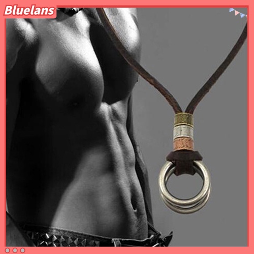 [BLS] Fashion Pria Retro Faux Leather Cord Double Circle Cincin Liontin Kalung Hadiah