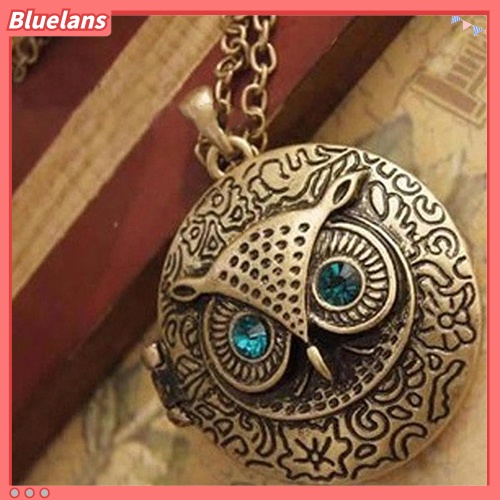 [BLS] Wanita Vintage Biru Berlian Imitasi Mata Owl Liontin Liontin Kalung Rantai Panjang