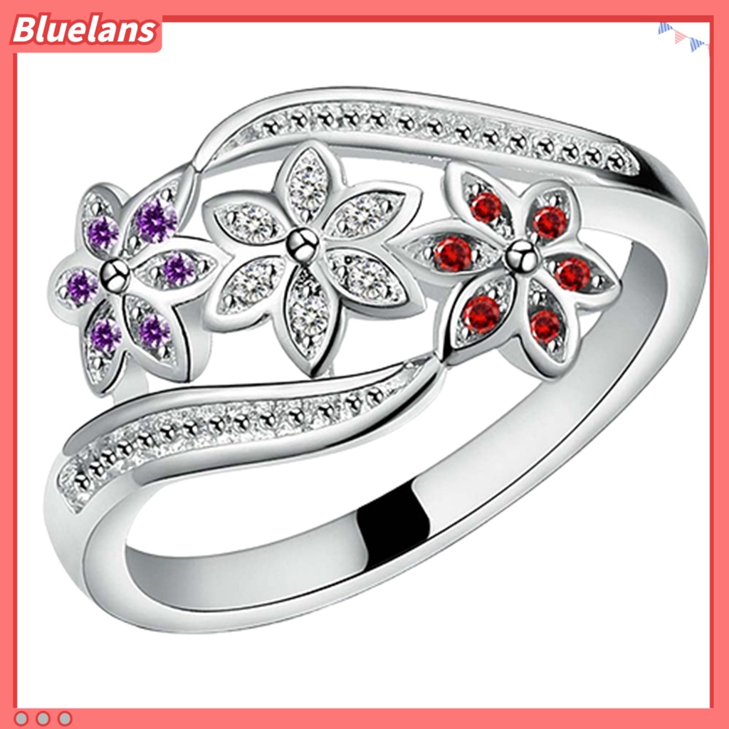 [BLS] Cincin Perak Berlapis Desain Bunga Cubic Zirconia Hias Shiny Fashion Wanita Ring Untuk Pernikahan