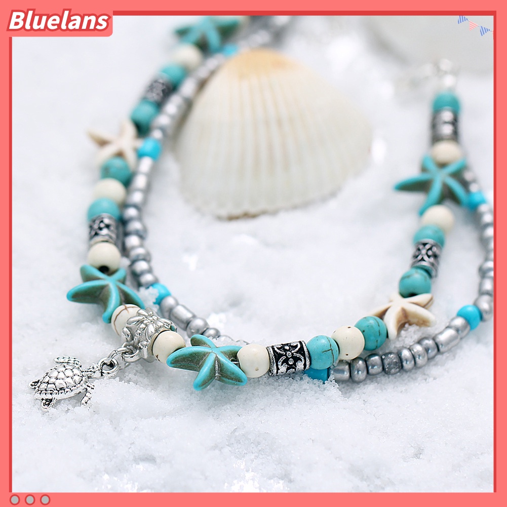 [BLS] Retro Wanita Multilayer Beads Bintang Laut Menjuntai Gelang Kaki Kaki Gelang Perhiasan Pantai