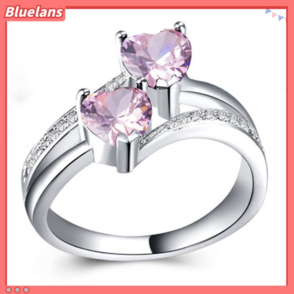 [BLS] Cincin Wanita Double Heart Sparkling Cubic Zirconia Fashion Penampilan Pita Jari Untuk Pesta