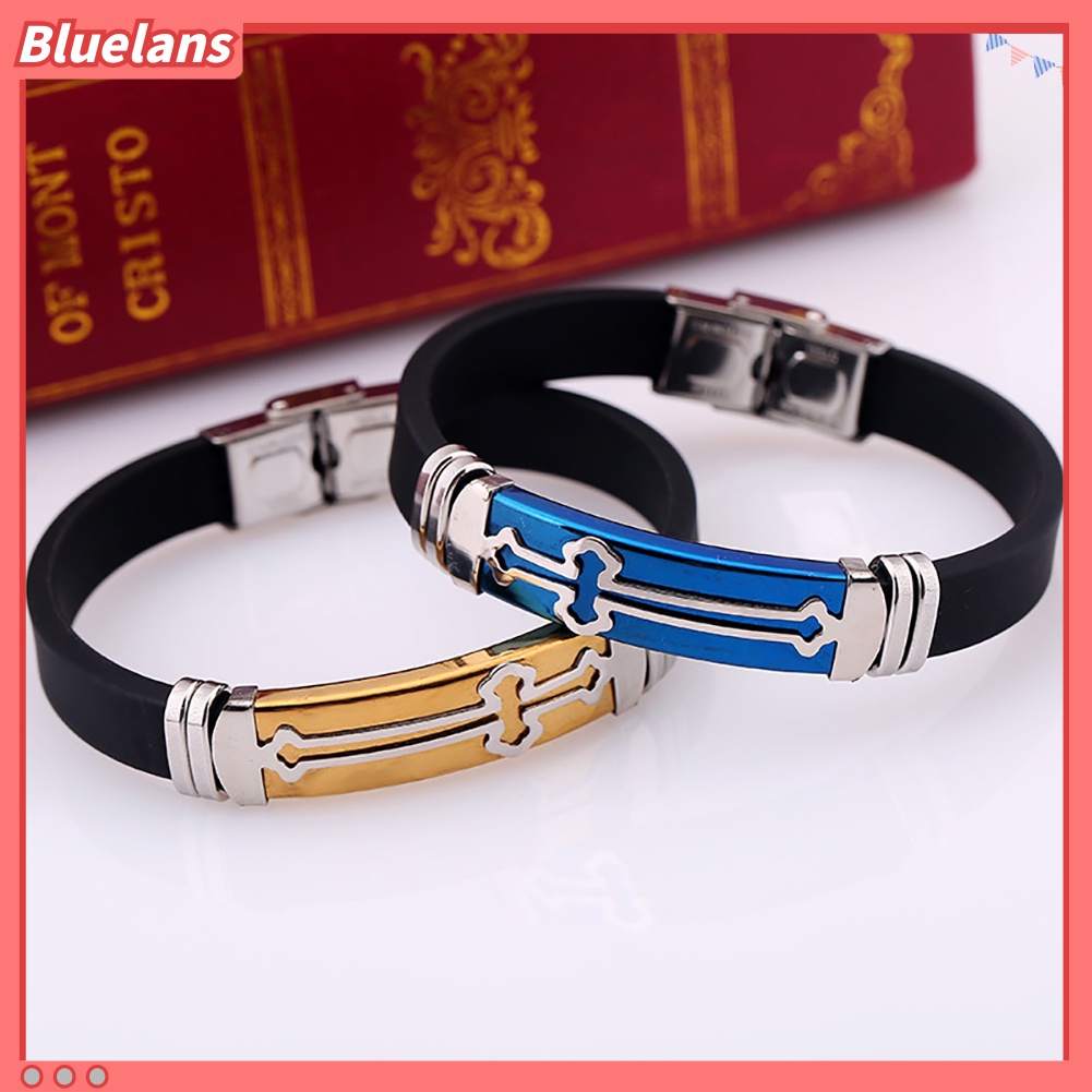 [BLS] Fashion Motif Salib Logam Silikon Band Pria Wrist Decor Gelang Bangle