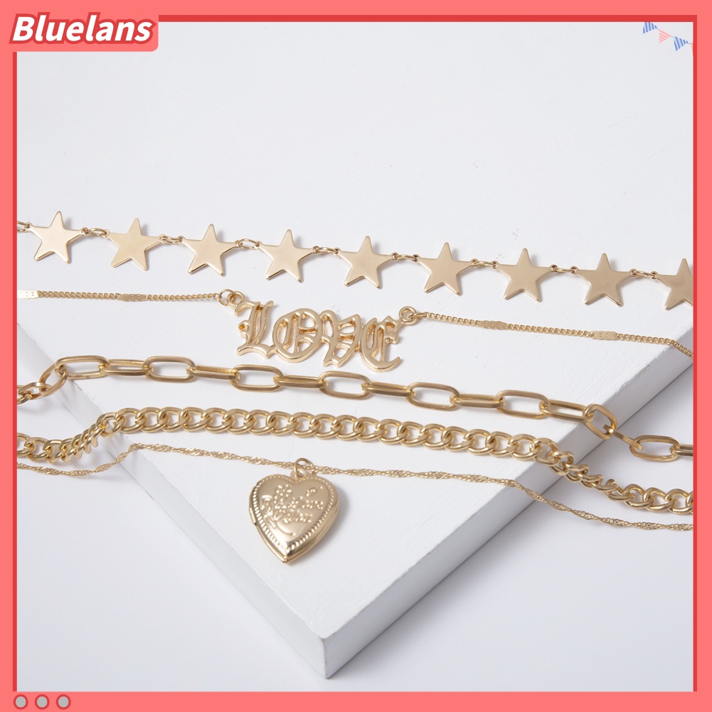 [BLS] 5pcs/set Wanita Multilayer Bintang Hati Cinta Pesona Rantai Kalung Perhiasan Hadiah