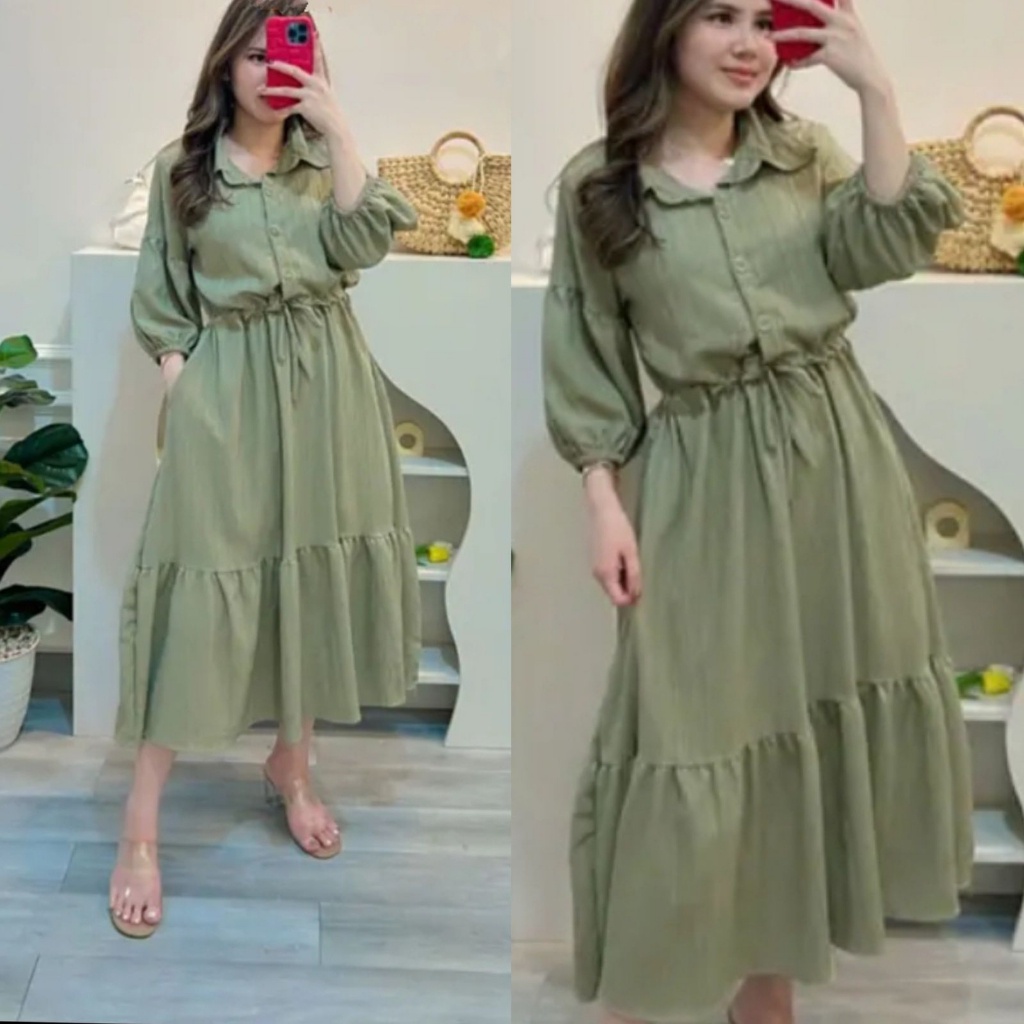 Lana Midi Dress Korean Style Busui Friendly Crinkle Premium Dress Ruffle Muslim Terbaru Kekinian