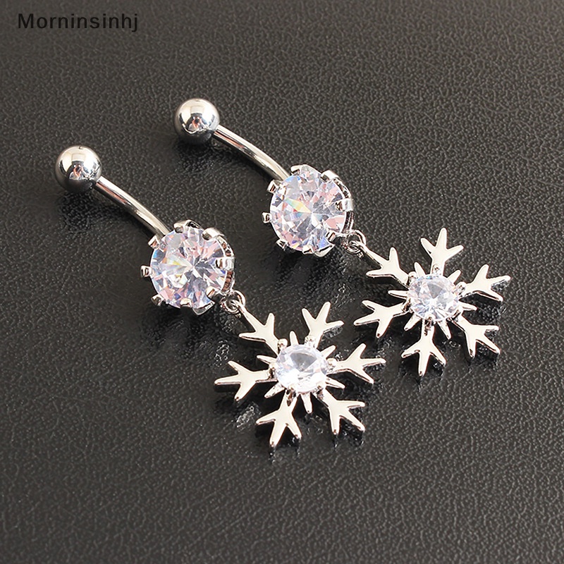 Mornin Kristal Zirkon Snowflake Pusar Kuku Stainless Steel Kreatif Pink Dan Putih Pusar Cincin Bar Untuk Wanita Perhiasan Tubuh Seksi id