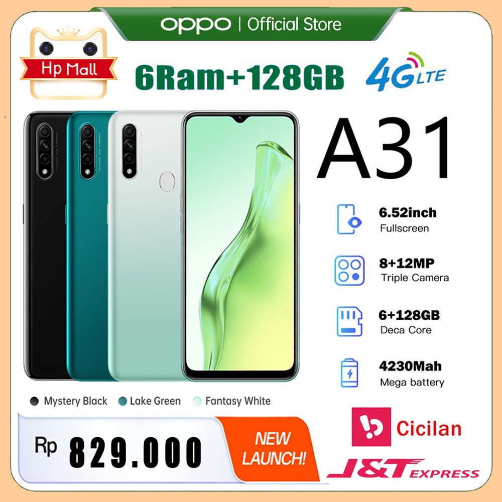 HP OPPO A31 RAM 6 128 GB Murah Handphone Smartphone 6.5 Inches 8MP+12MP Kamera