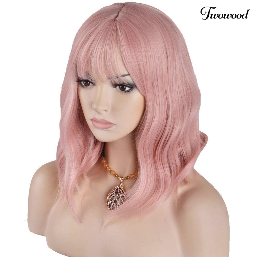 Wig Rambut Palsu Wanita Sintetis Twowood Pink Curly Panjang Bahu Dengan Poni Untuk Cosplay