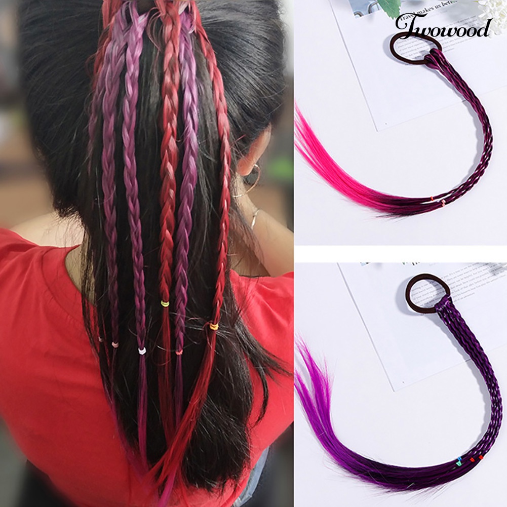 Twowood 4Pcs Anak Perempuan Dikepang Buatan Wig Elastis Ikat Cincin Kuncir Rambut Ekstensi