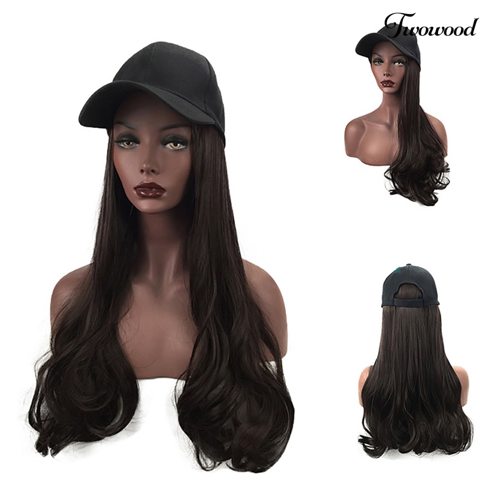 Twowood Wanita Gelombang Panjang Wig Sopak Rambut Sintetis Ekstensi Dengan Topi Baseball Cap