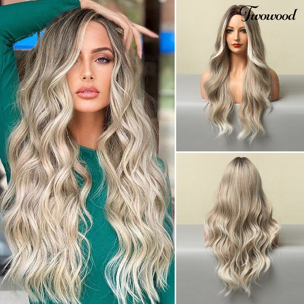 Twowood Wig Keriting Panjang Universal Halus Ringan Medium Split Long Smoky Grey Gradient Blonde Wig Untuk Rumah