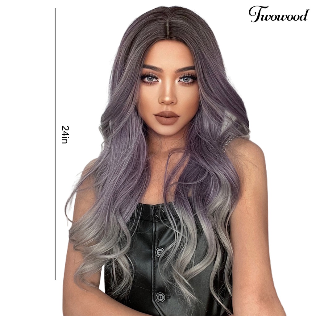 Twowood Gradient Wig Digunakan Kembali Fashion Berbulu Menarik Universal Lady Alat Kecantikan Ringan Medium Brown Gradient Ungu Abu Wig Keriting Panjang Untuk Rumah