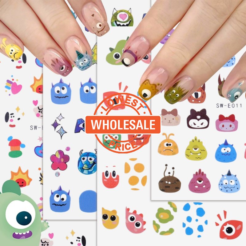 [Harga Grosir] 1lembar Kartun Lucu Monster Kecil Stiker Kuku Kawaii Mata Besar Transfer Air Nail Decal 3D Warna-Warni Perekat Diri Nail Art Slider Tape Manicure Dekorasi