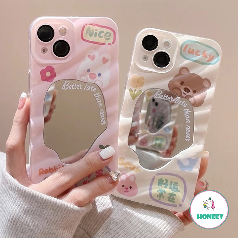 IPHONE Kartun Lucu Beruang Kelinci Cermin 3D Gelombang Case Kompatibel Untuk Iphone13 14 11 12 Pro Max Kamera Lensa Film Cover Pelindung