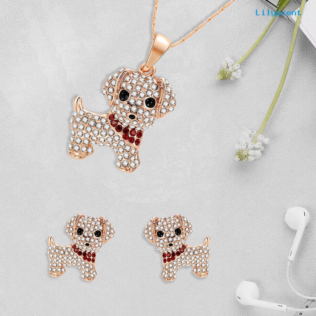 [LS]1 Set Wanita Anjing Kalung Indah Mewah Elegan Dainty Golden Hadiah Padat Berlian Imitasi Bertatahkan Puppy Stud Earrings Kit Fashion Perhiasan