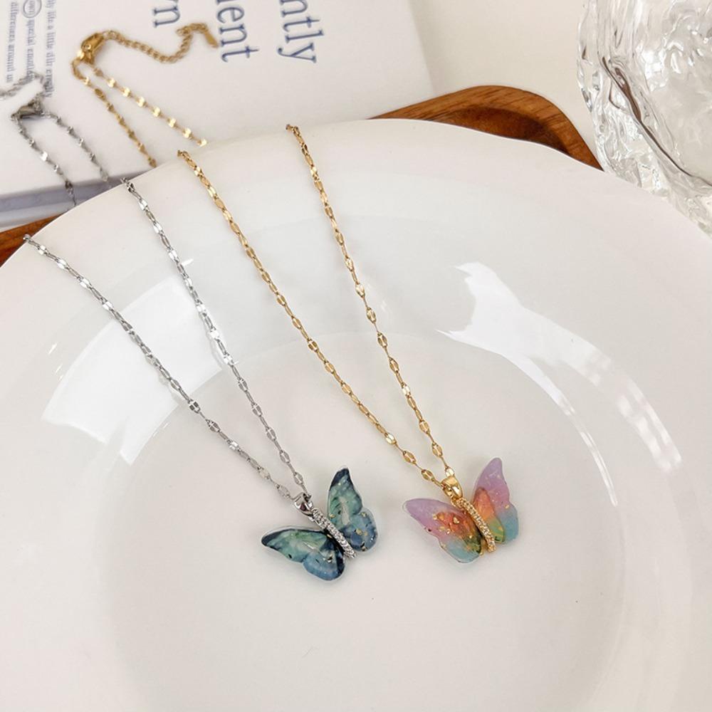 Mxbeauty Kalung Kupu-Kupu Transparan Lucktune Manis Perhiasan Pesta Ins Desain Niche Angin Musim Panas Gaya Korea Necklace