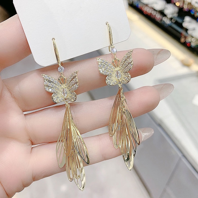 Unik Penuh Berlian Kupu-Kupu Piece Rumbai Gaya Panjang Anting Fashion Elegan