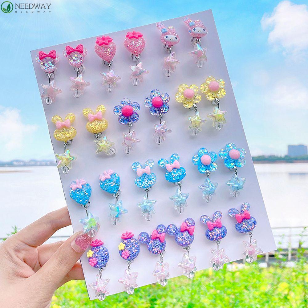 Needway Anak Klip Telinga Tanpa Tindik Mahasiswa Bunga Rumbai Kelinci Holeless Clip On Earrings