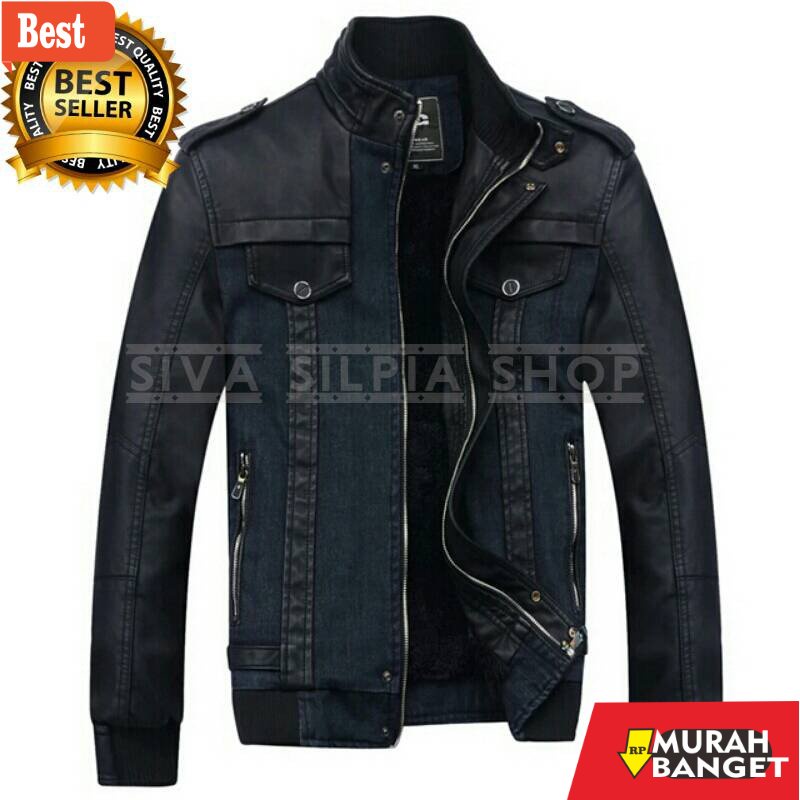 Jaket kulit pria terbaru- Jaket Pria Semi Kulit Variasi Kain Jeans/ Jaket Motor model Fashion korea 