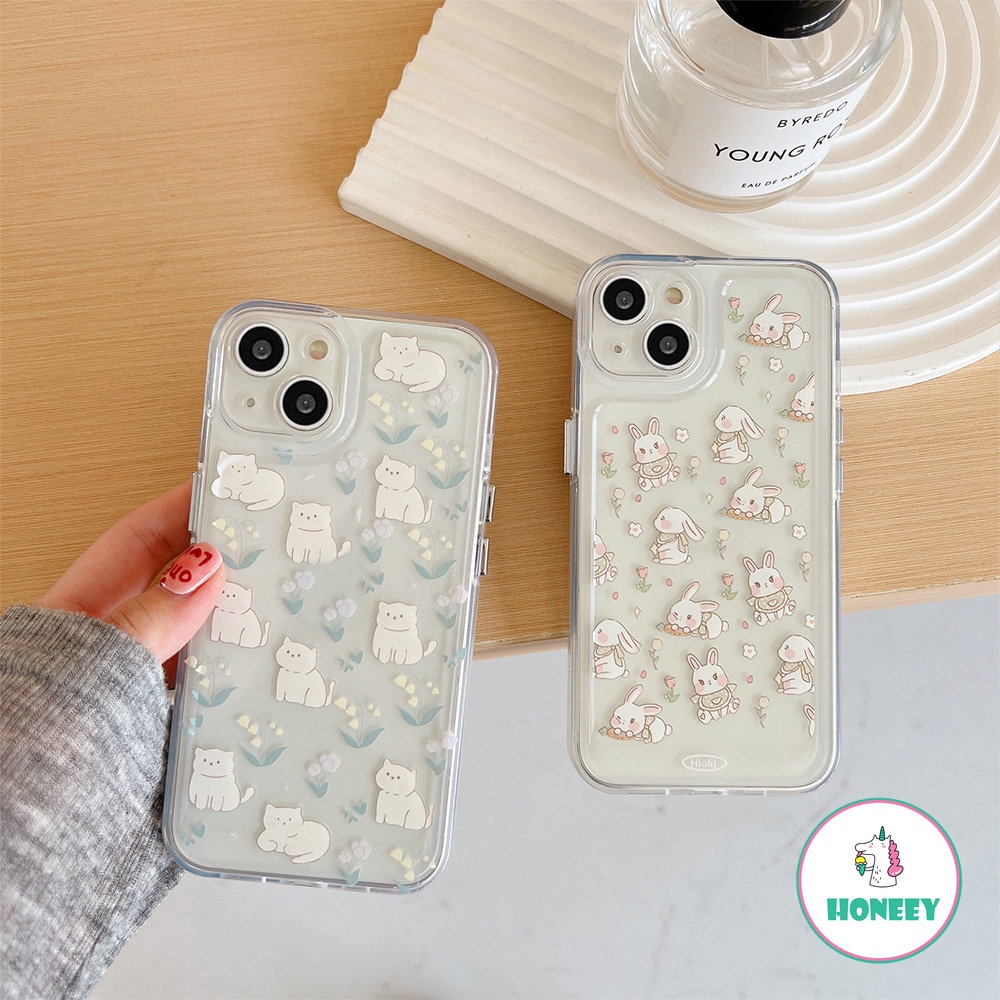 Indah Penuh Layar Bunny Cat Bening Ponsel Case Untuk iPhone 14 Pro Max13 12 11 Pro Max XR XS 7 8 Plus Fashion Floral Lembut TPU Cover Pelindung