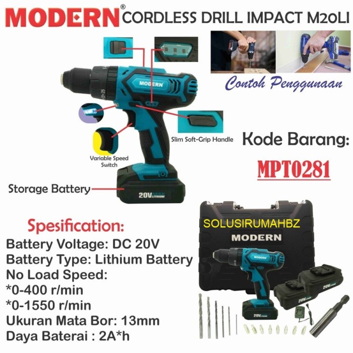 MODERN M20LI Bor Cordless Drill Baterai Tangan Beton Charger Cas Mesin