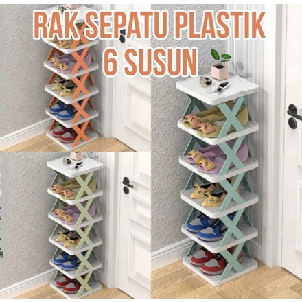 Rak Sepatu Sandal Plastik Rakit Lipat Portable Model X Silang 6 Susun 6 Tingkat Shoe Rack Bahan Plastic Penyimpanan Sendal