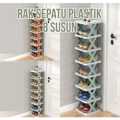 Rak Sepatu Sandal Plastik Rakit Lipat Portable Model X Silang 8 Susun 8 Tingkat Shoe Rack Bahan Plastic Penyimpanan Sendal