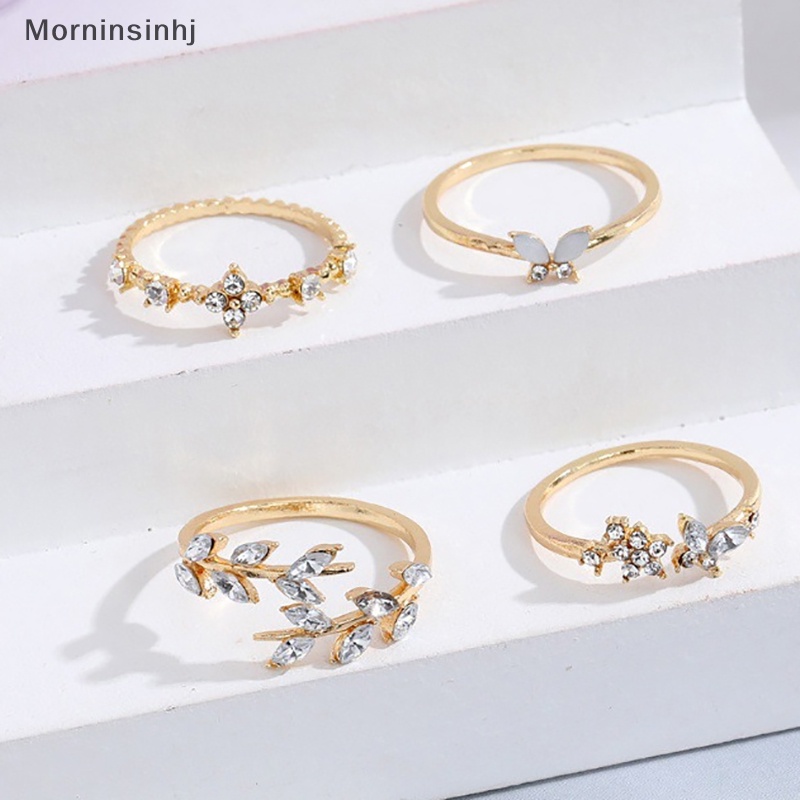 Mornin 4Pcs/Set Fashion Korea Temperamen Berlian Imitasi Memutar Daun Bunga Cincin Set Untuk Wanita Perhiasan Hadiah id