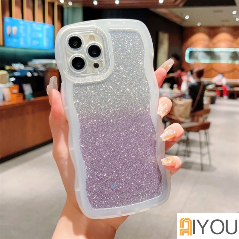 IPHONE Casing Ponsel Bening Glitter Gradasi Untuk Iphone14 13 12 11 Pro Max X XR Xs7 8 6 Plus S2022 Bingkai Bergelombang Keriting Bumper Tahan Guncangan