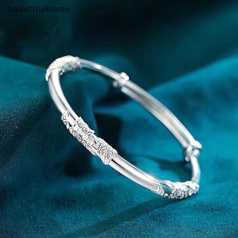 {beautifulhome} 1pc Perak Wanita Penuh-blown Bunga Gelang Halus Dan Ringan Terbuka Dapat Disesuaikan Gelang Padat Fashion Gelang Perhiasan Perak.